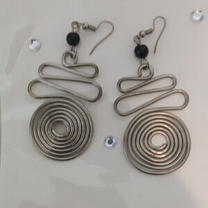 Hand Crafted Silver-Tone Spiral Drop Earrings with Black Bead